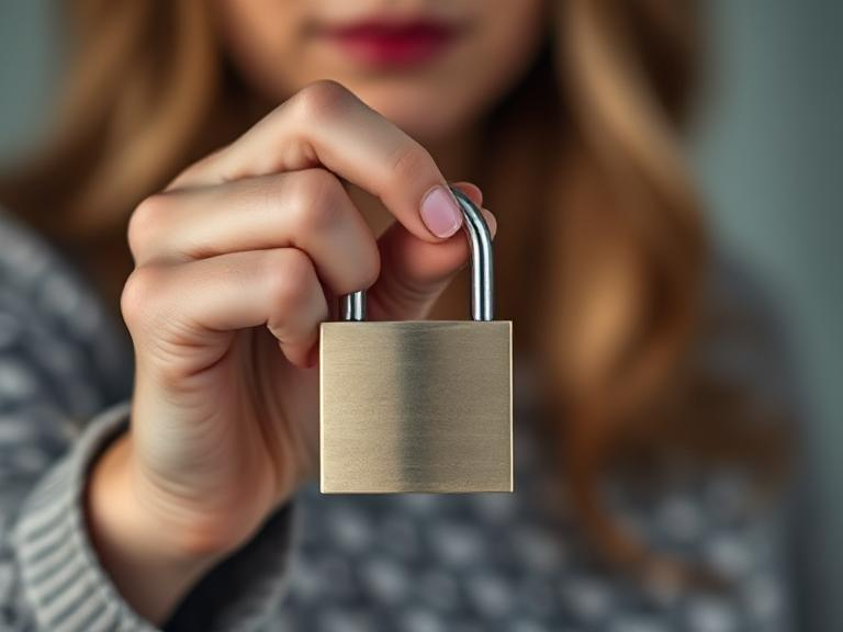 An image of a woman holding a padlock that represents safety online.